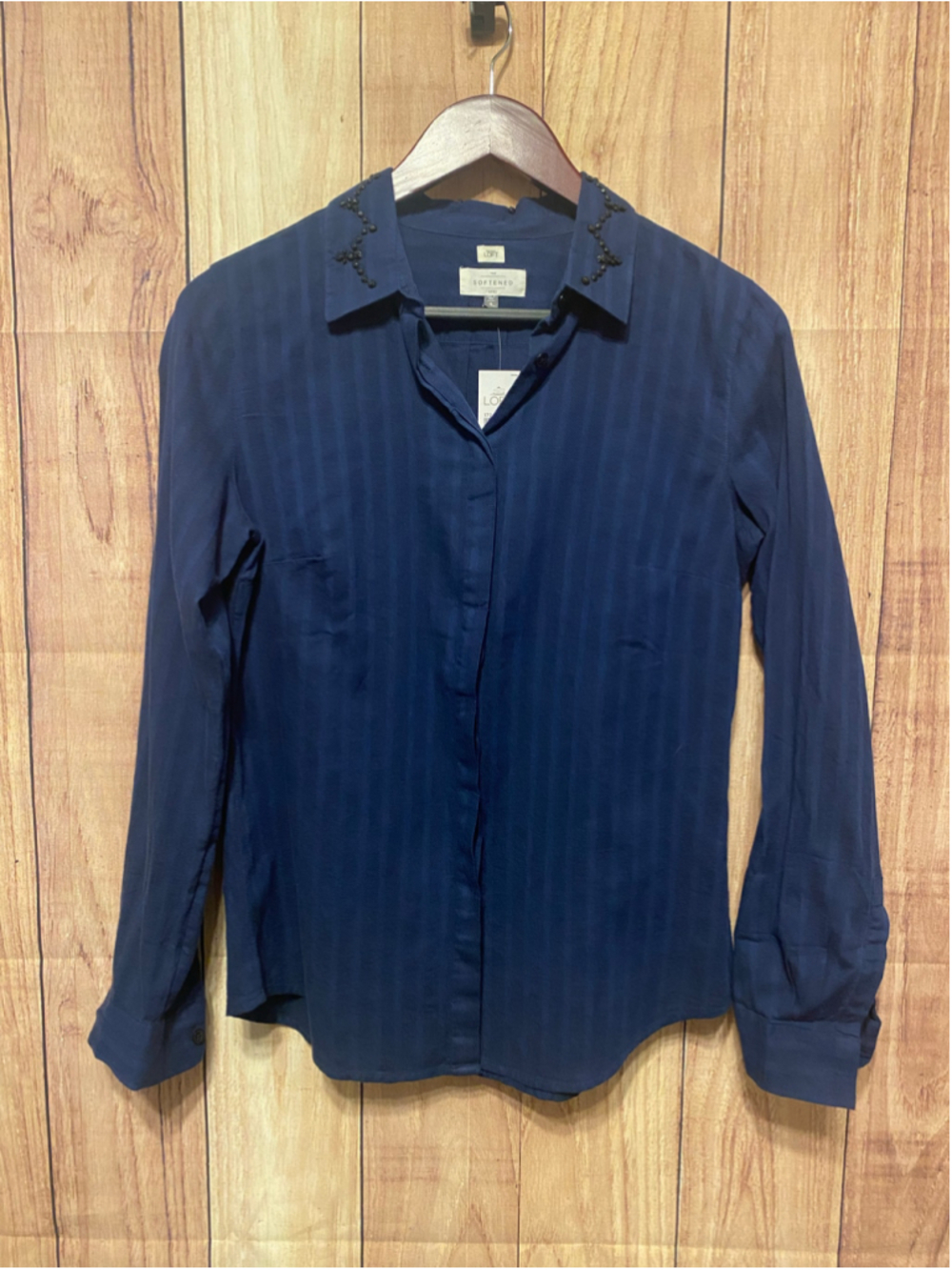 Ann Taylor LOFT S NWT softened shirt Navy Button Down Beaded Collar